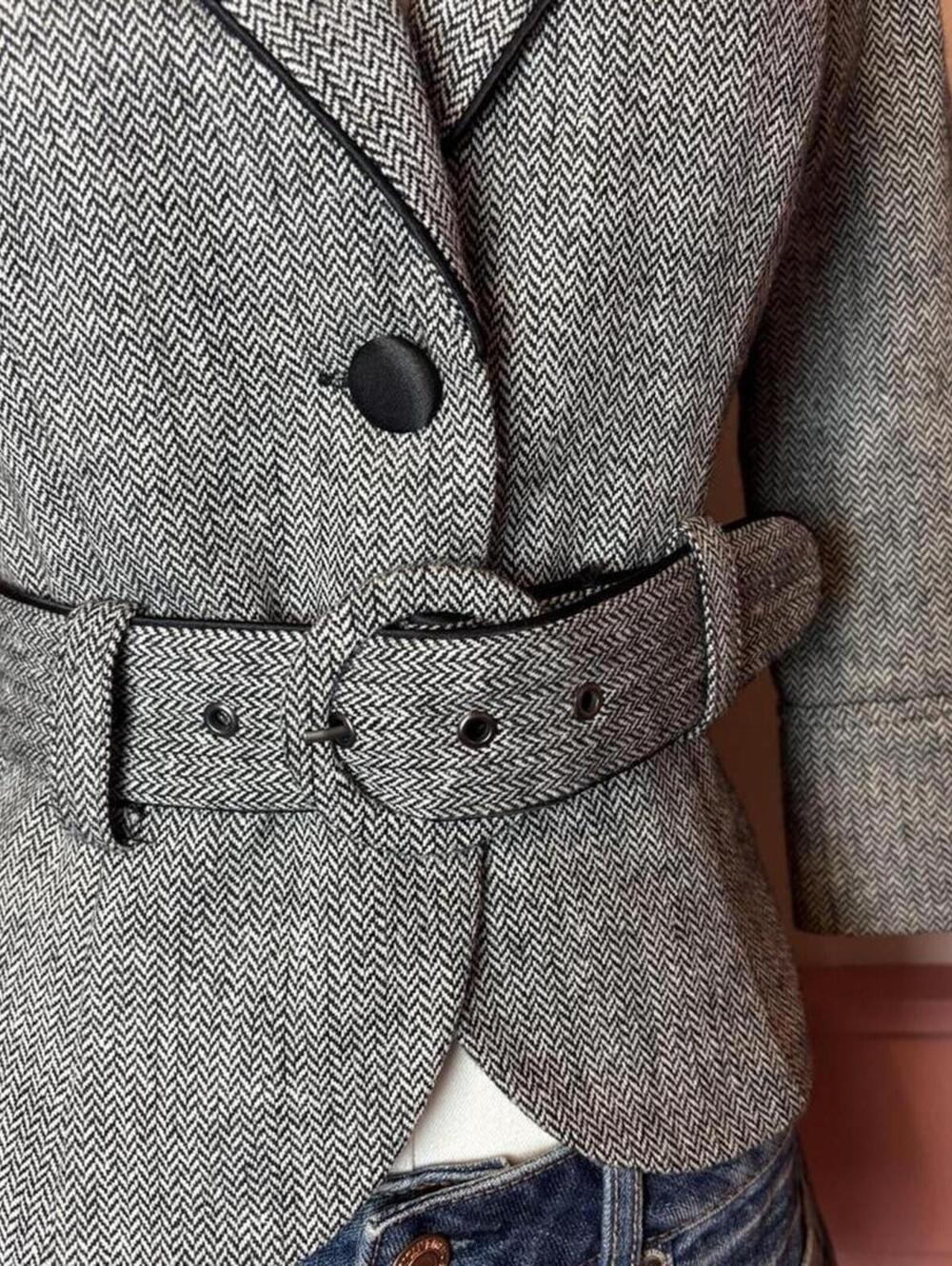 vintage forever 21 wool belted blazer 2000s y2k collegiate grey sz small office - Picture 3 of 8